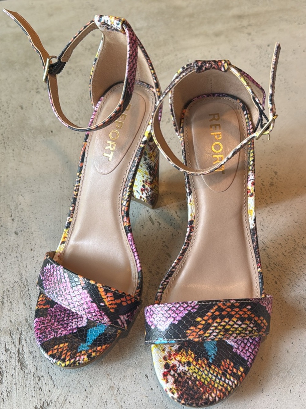 REPORT Multicolor Snake-Print Ankle Strap Block Heel Sandals